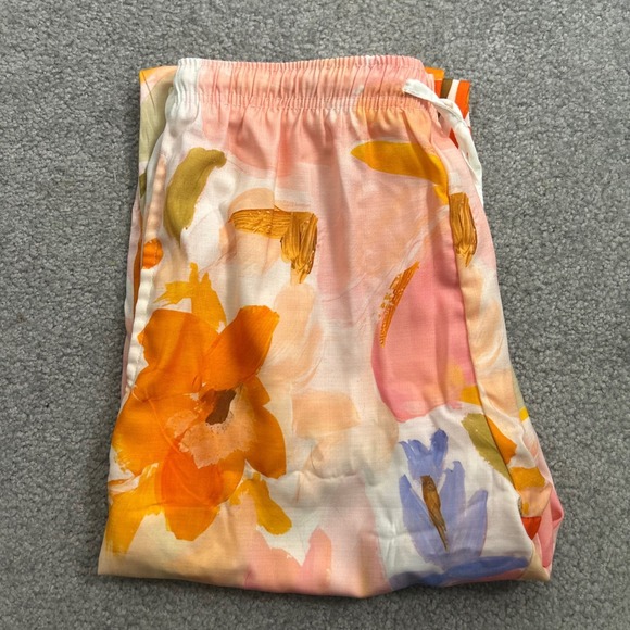 Floral Print Drawstring Relaxed Pants Orange Pink Blue Large Botanical Art - Picture 4 of 4